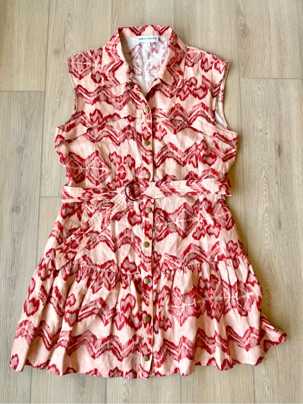 Karina Grimaldi Myrtle Print 100% Linen Belted Mini Dress L EUC